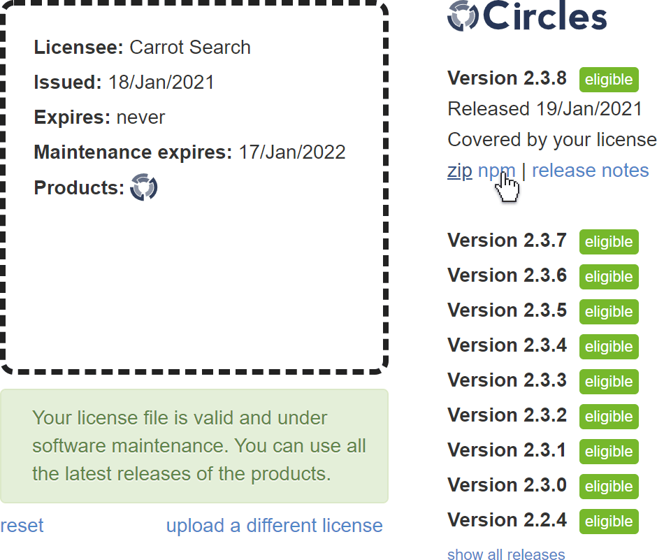 Carrot Search software downloads site, link to the dependency in the npm format