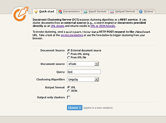 Lingo3G Document Clustering Server quick start screen