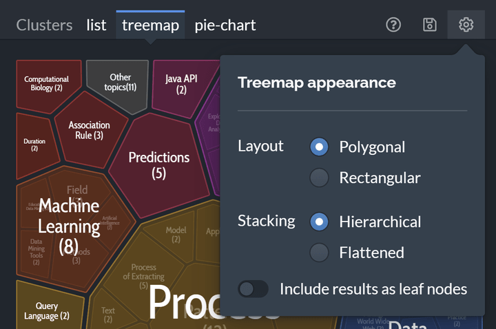 Clusters view of the Lingo3G Search Results clustering app, dark theme.