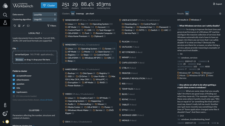 Lingo3G Clustering Workbench, dark theme.