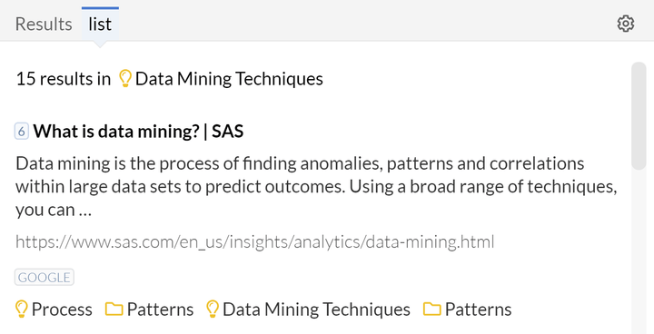 Search results view of the Lingo3G Search Results clustering app, light theme.