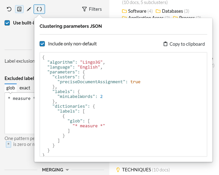 Parameters JSON export in Lingo3G Clustering Workbench, light theme.