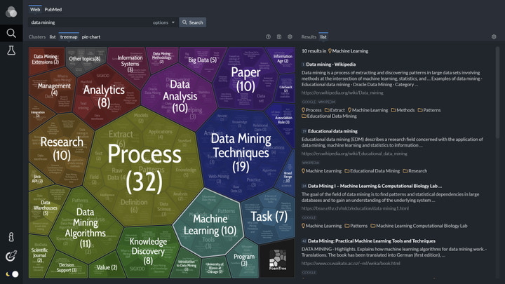 Lingo3G search results clustering app, dark theme.