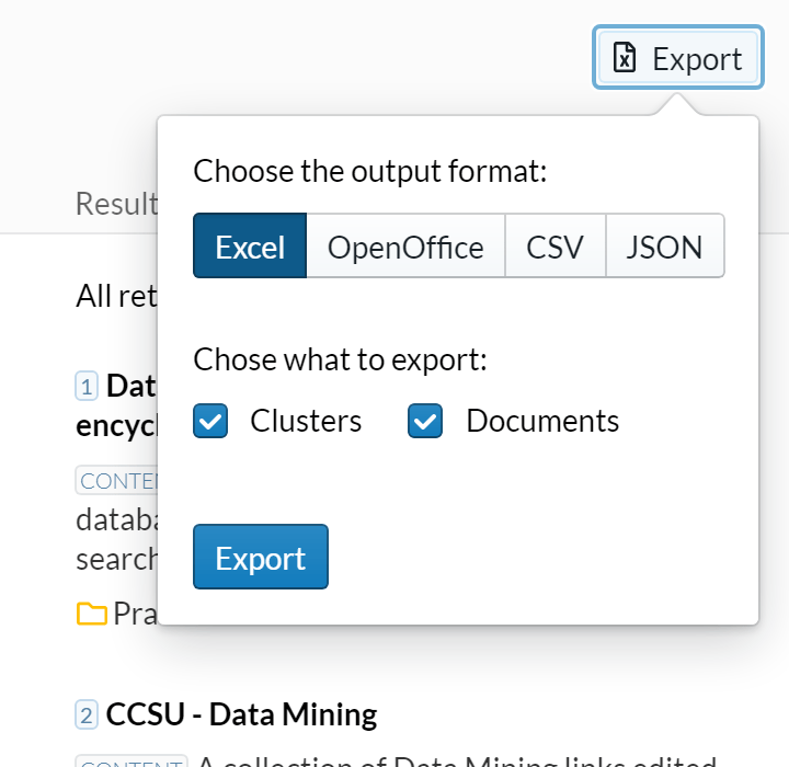 Clusters and documents export in Lingo3G Clustering Workbench, light theme.