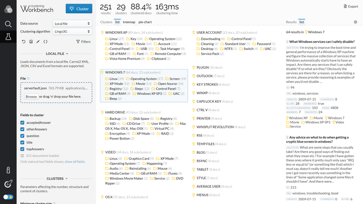 Lingo3G Clustering Workbench, light theme.