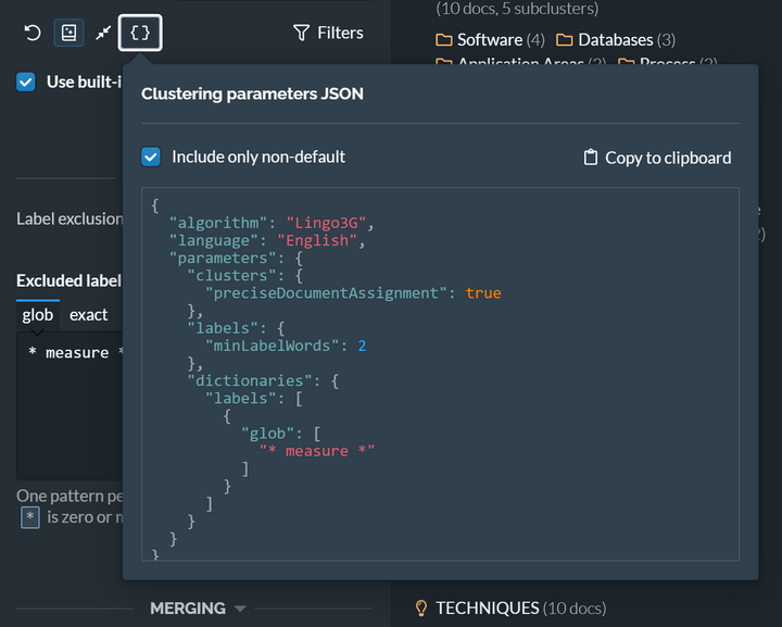 Parameters JSON export in Lingo3G Clustering Workbench, dark theme.