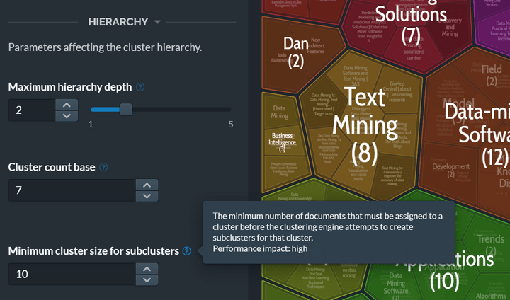 Parameters panel in Lingo3G Clustering Workbench, dark theme.