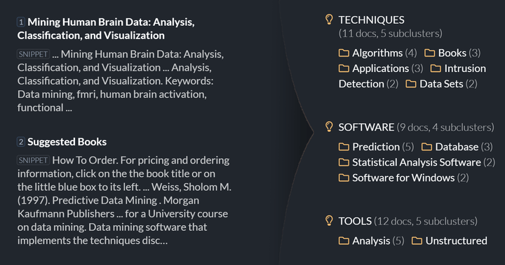 Search results (snippets) and clusters discovered from them, dark theme