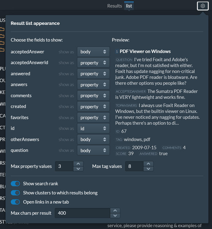 Documents view configuration in Lingo3G Workbench, dark theme.