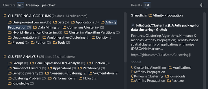 Document clusters generated by Lingo3G for the 'clustering' web search results, dark theme.
