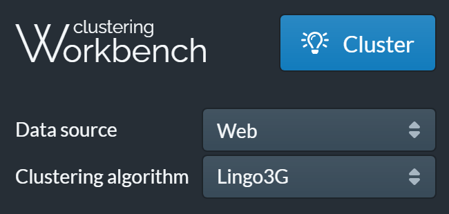 Data source choice in Lingo3G Clustering Workbench, dark theme.