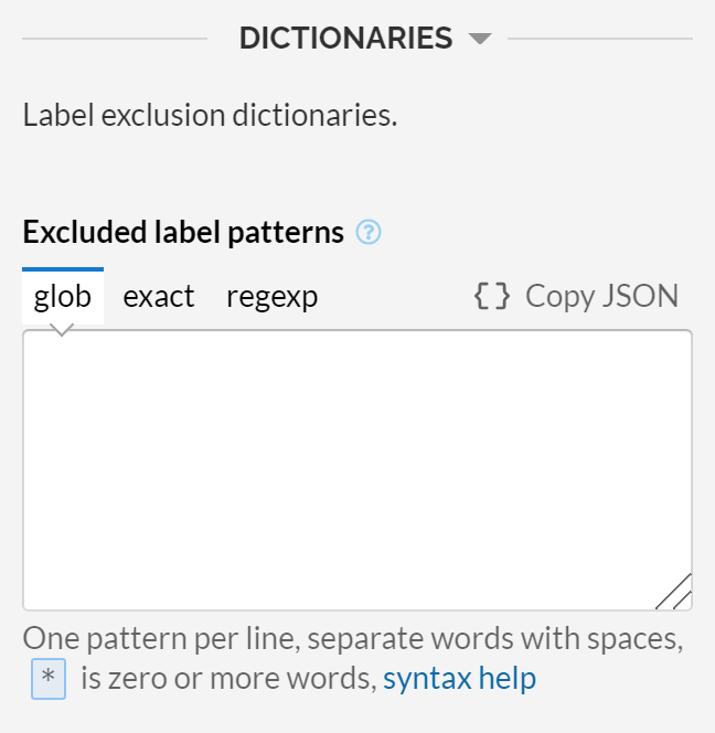Label dictionaries editor in Lingo3G Clustering Workbench, light theme.