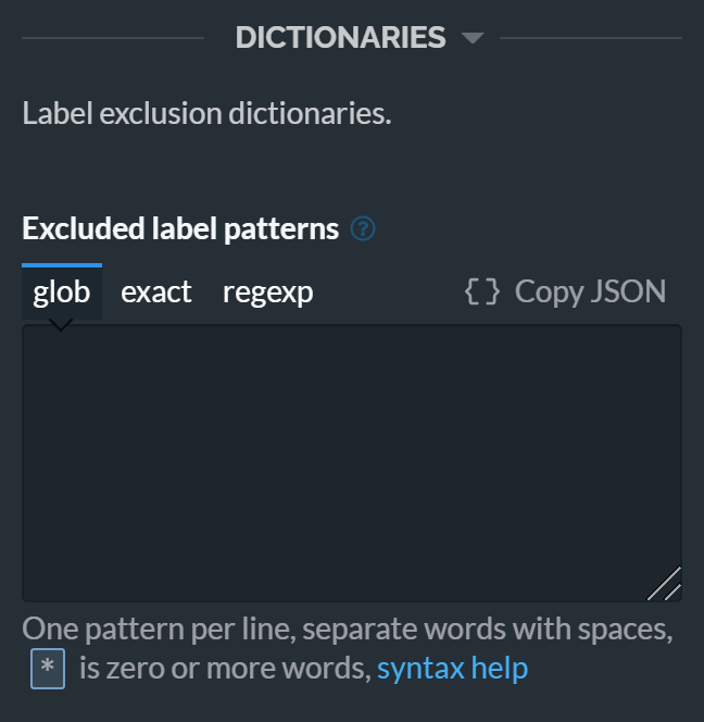 Label dictionaries editor in Lingo3G Clustering Workbench, dark theme.