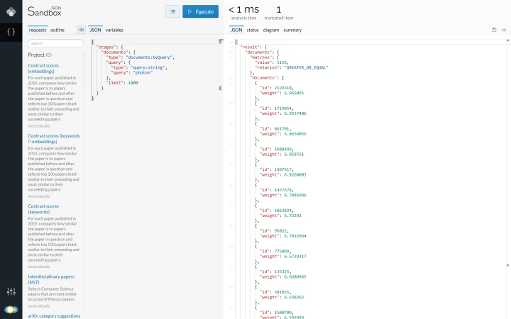 Lingo4G JSON sandbox app, documents by query request results (light theme).