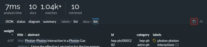 Excel export of a document list (dark theme).
