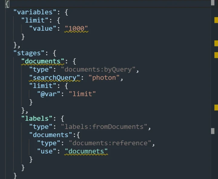 JSON request editor validation error highlights (dark theme).