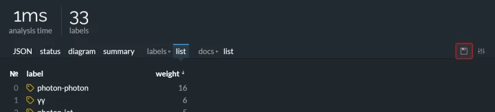 Excel export of a label list (dark theme).