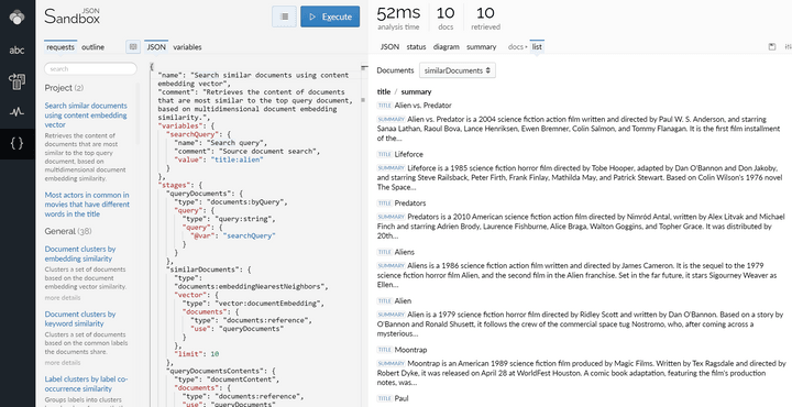 Lingo4G JSON sandbox app showing movies similar to 'Alien'.