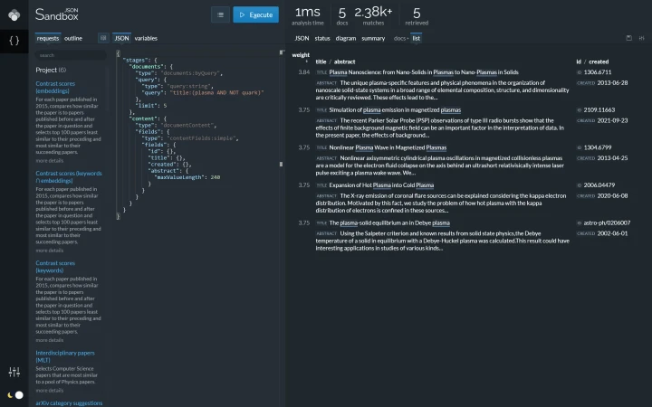 Document list after a keyword query search (dark theme).