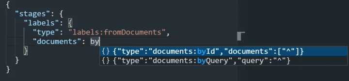 JSON request editor filtered stage-level autocomplete (light theme).