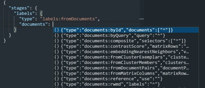 JSON request editor stage-level autocomplete (light theme).