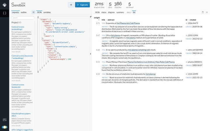 Document list after a more advanced search using interval functions (light theme).