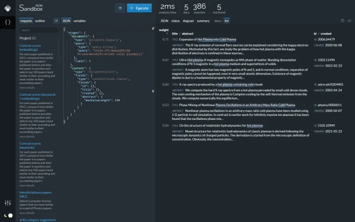 Document list after a more advanced search using interval functions (dark theme).