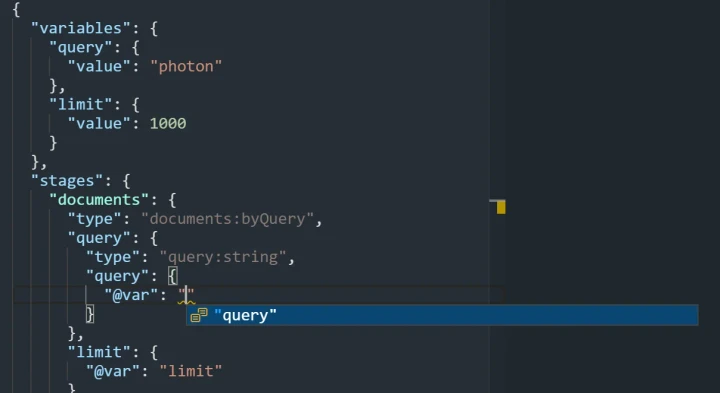 JSON request editor variable name suggestions (light theme).