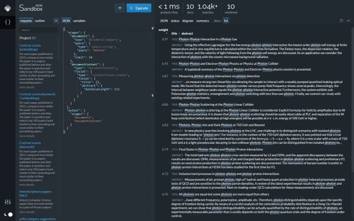 Lingo4G JSON sandbox app, document content (dark theme).