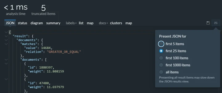 Lingo4G JSON sandbox app: JSON results tab (dark theme).