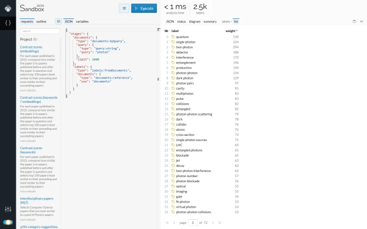 Lingo4G JSON sandbox app, labels from documents (light theme).