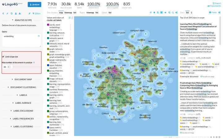 2d map of all papers matching the 'embedding' query.