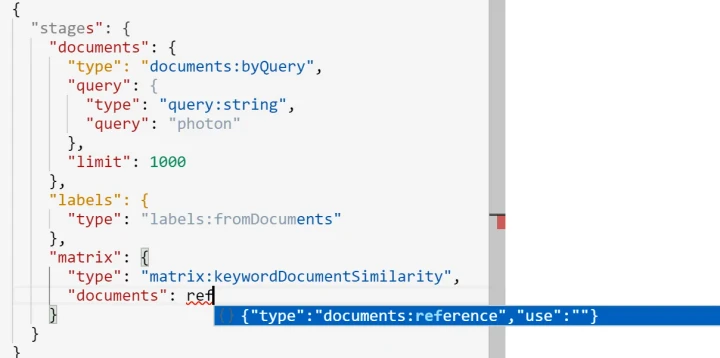 JSON request editor reference suggestions (light theme).
