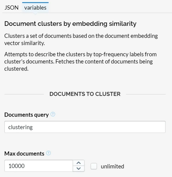 Lingo4G JSON sandbox app: variable editor (light theme).