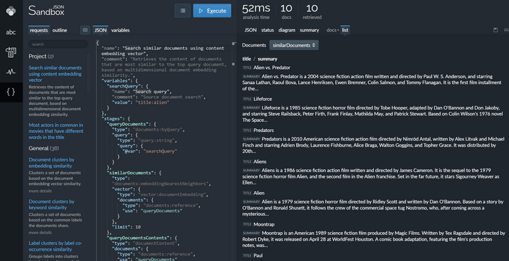 Lingo4G JSON sandbox app showing movies similar to 'Alien'.
