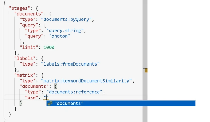 JSON request editor stage name suggestions (light theme).