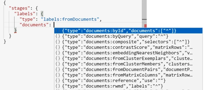 JSON request editor stage-level autocomplete (light theme).