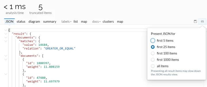 Lingo4G JSON sandbox app: JSON results tab (light theme).