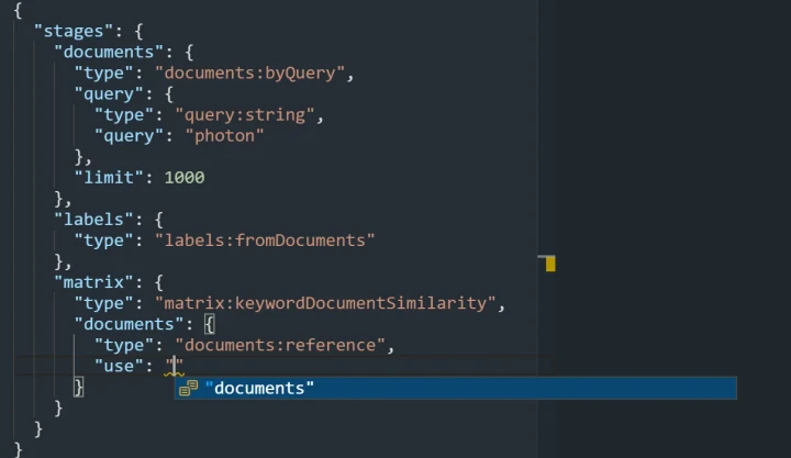 JSON request editor stage name suggestions (light theme).