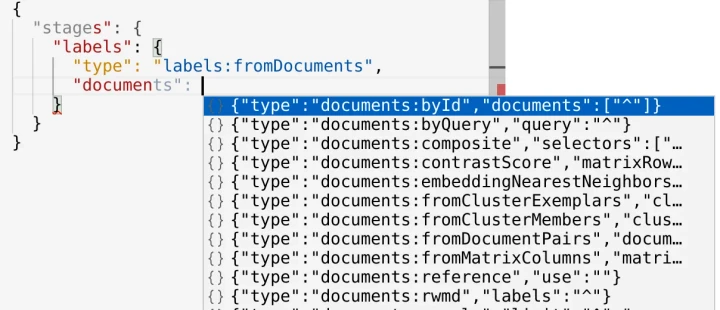 JSON request editor stage-level autocomplete (light theme).