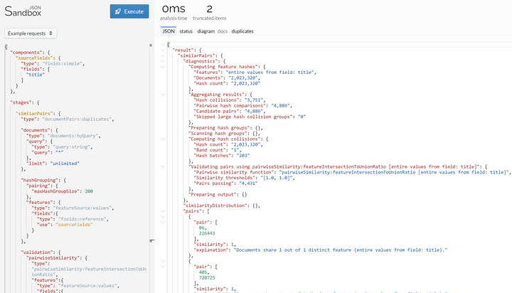 Lingo4G JSON sandbox app, arxiv documents with exactly the same titles (light theme).