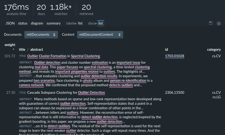 Lingo4G JSON sandbox app: stage-specific views (dark theme).