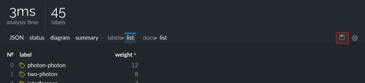 Excel export of a label list (dark theme).