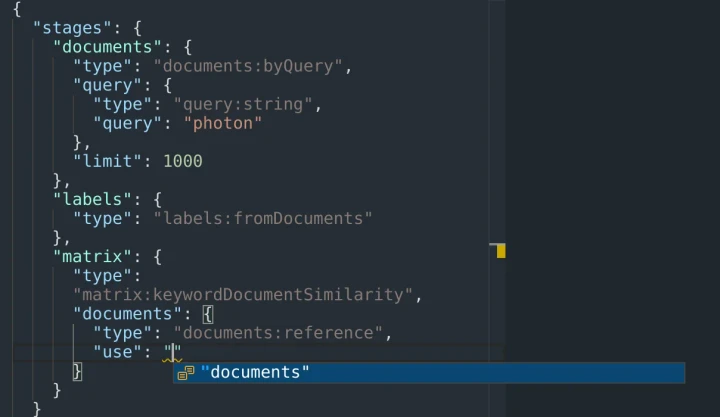 JSON request editor stage name suggestions (light theme).