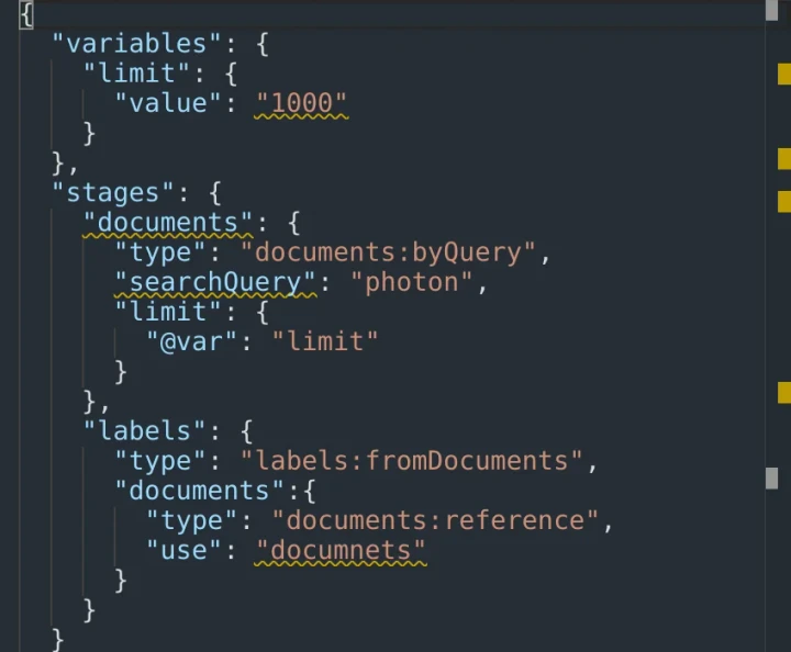 JSON request editor validation error highlights (dark theme).
