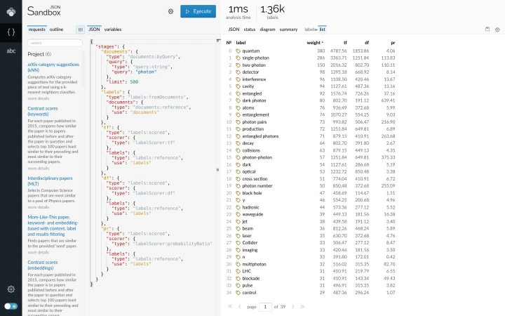Lingo4G JSON sandbox app, labels from documents with additional statistics (light theme).