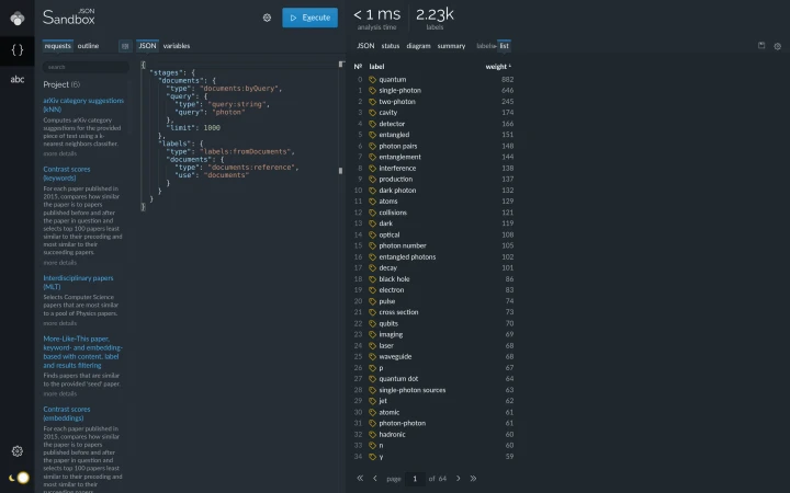 Lingo4G JSON sandbox app, labels from documents (dark theme).