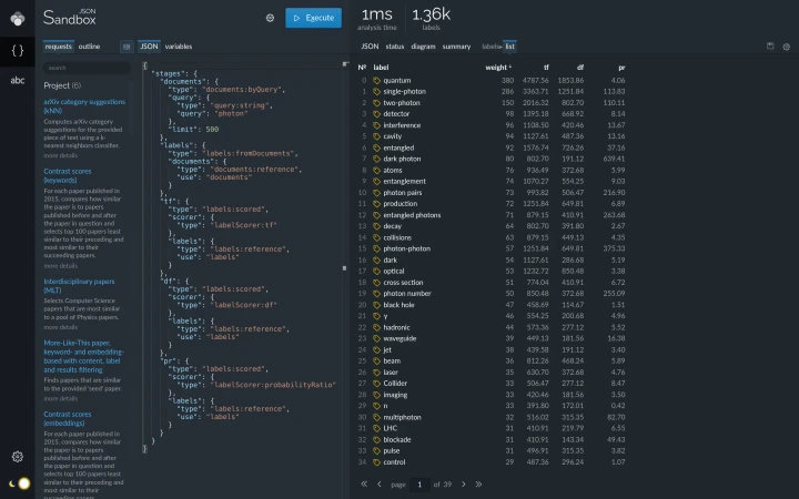Lingo4G JSON sandbox app, labels from documents with additional statistics (dark theme).