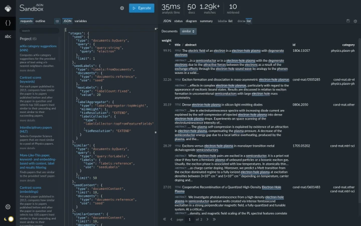 Keyword-based finding of similar documents, document list (dark theme).