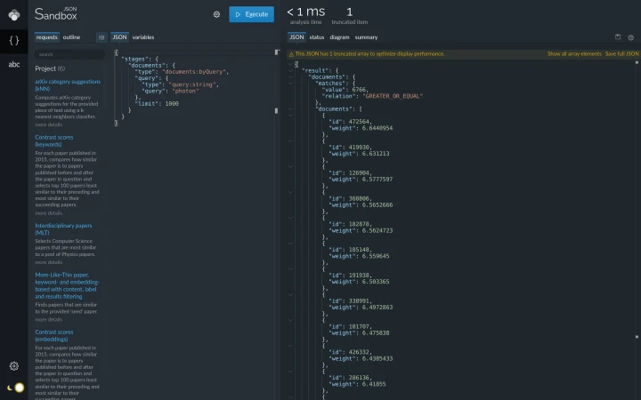 Lingo4G JSON sandbox app, documents by query request results (dark theme).